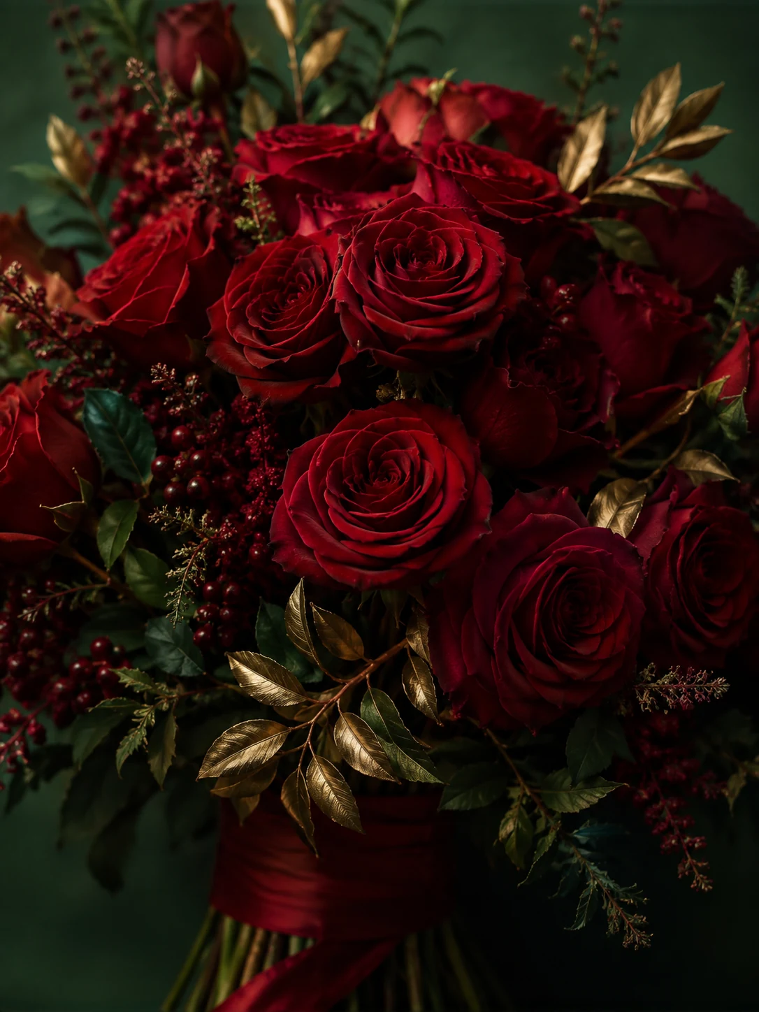 Opulent hand-tied bouquet of red roses and gold foliage